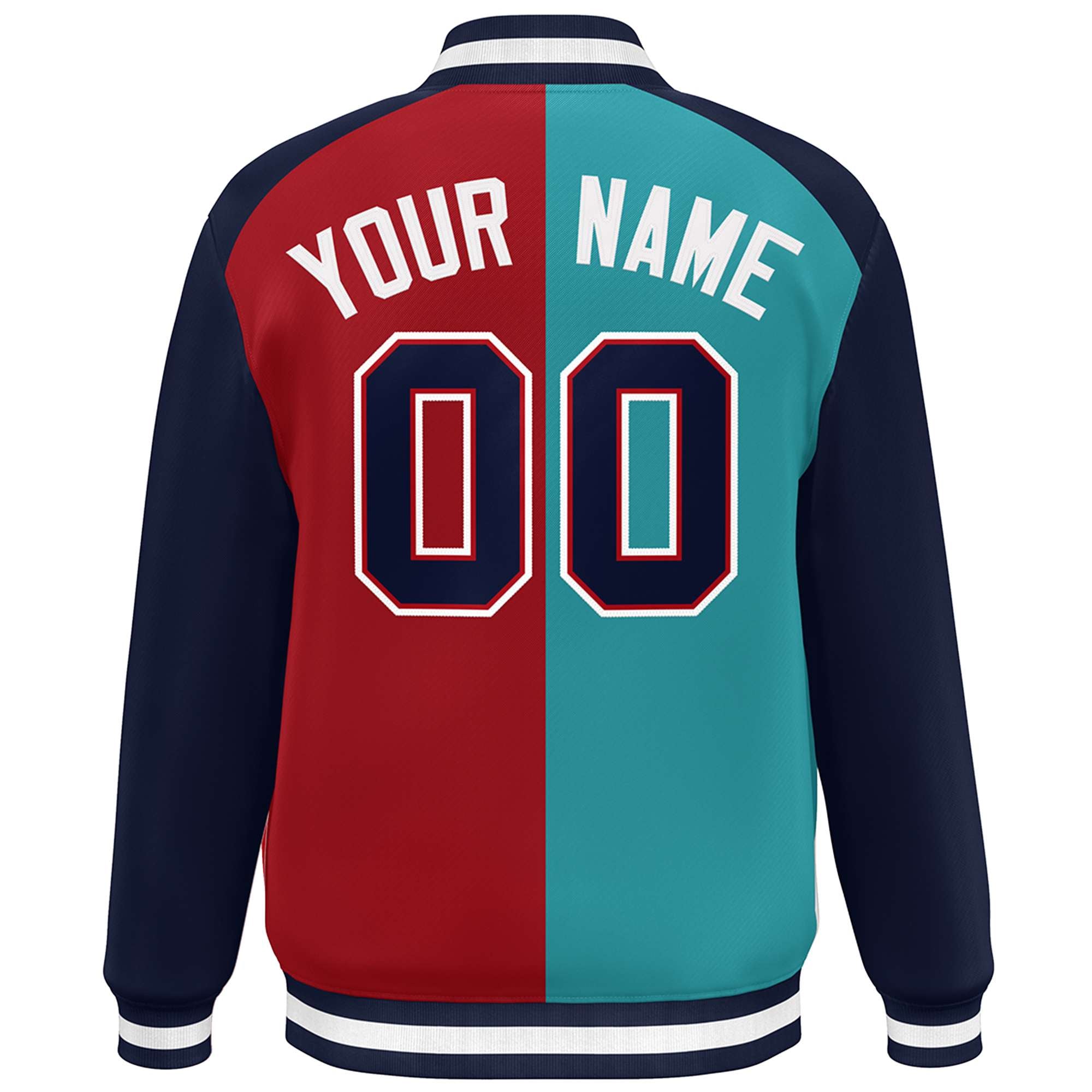 Custom Aqua Red-Navy Color Block Bomber Varsity Baseball Jacket