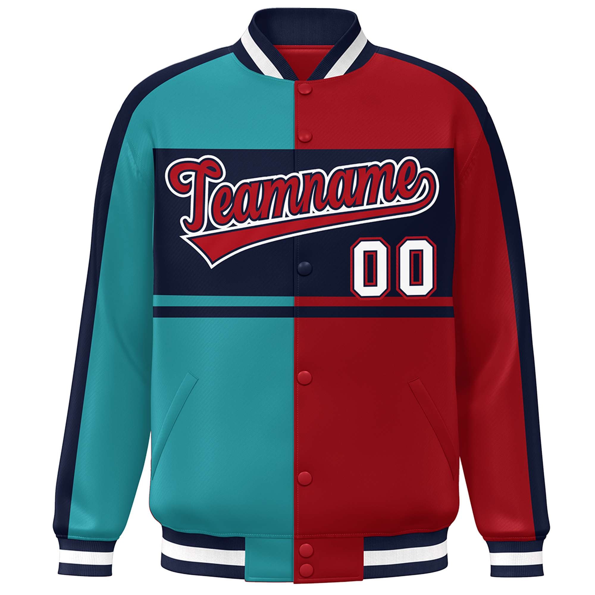 Custom Aqua Red-Navy Color Block Bomber Varsity Baseball Jacket