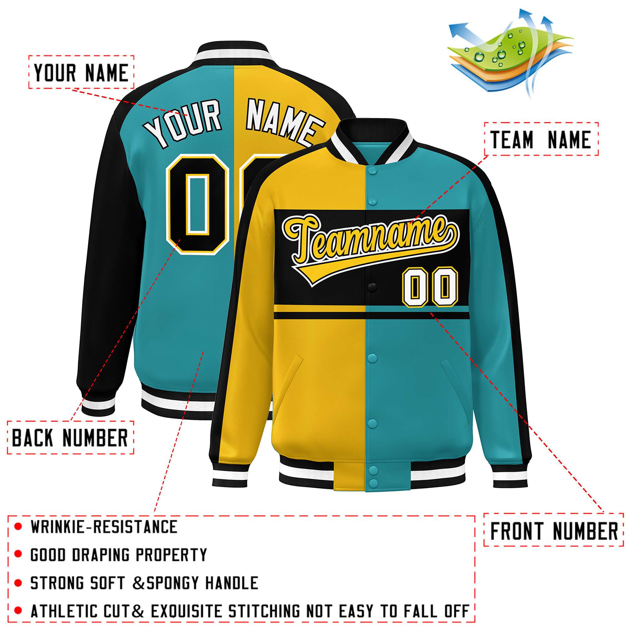 Custom Gold Aqua-Black Color Block Bomber Varsity Baseball Jacket