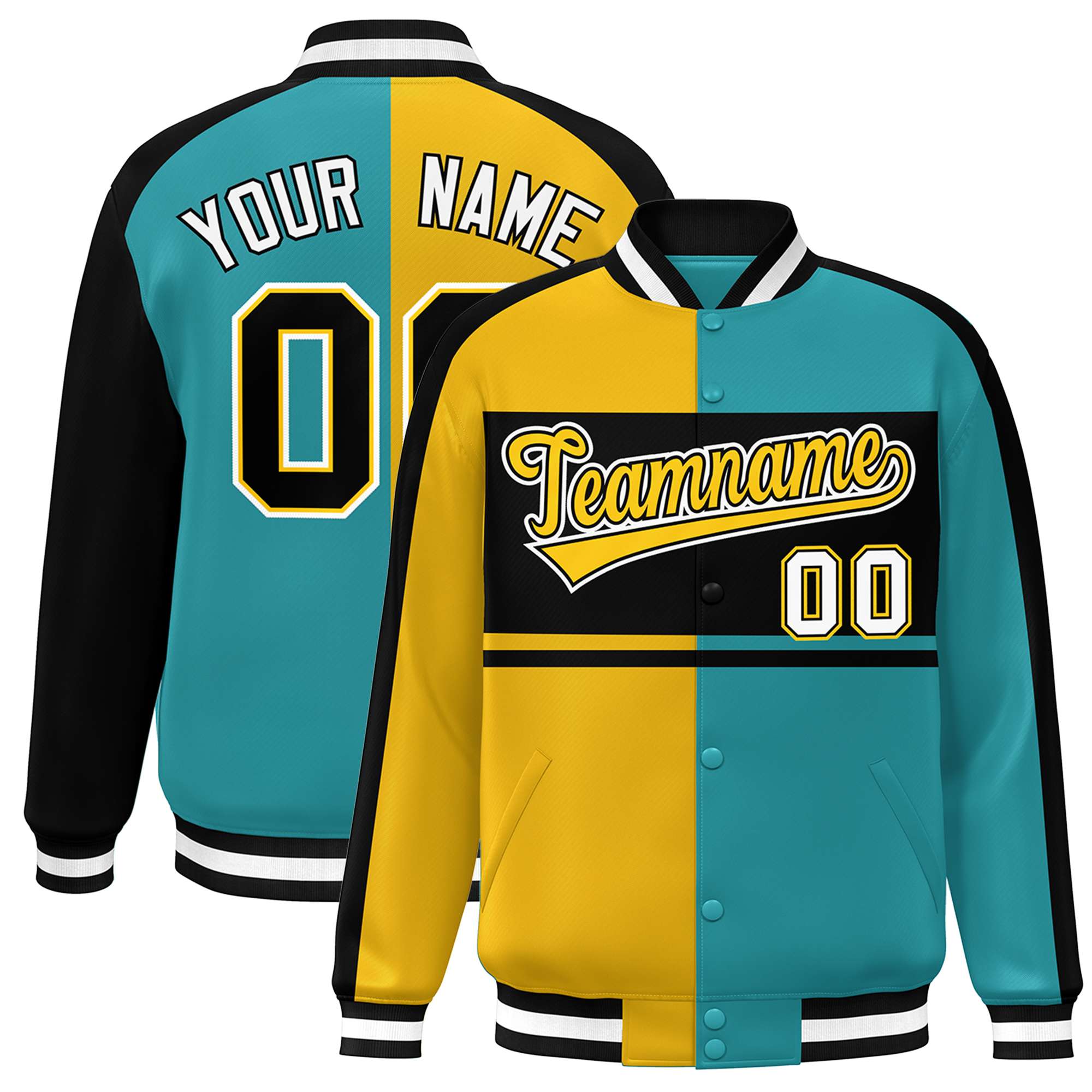 Custom Gold Aqua-Black Color Block Bomber Varsity Baseball Jacket