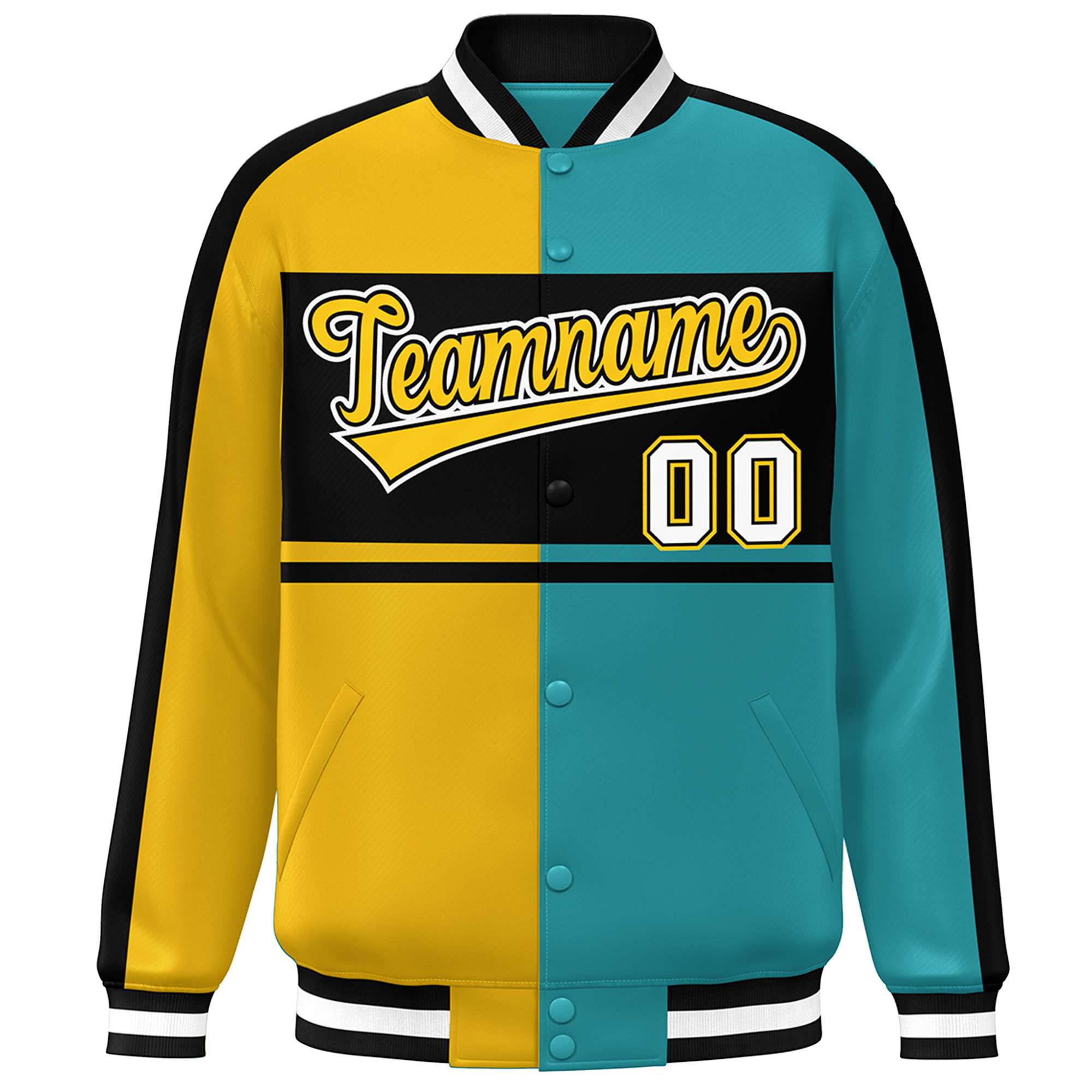 Custom Gold Aqua-Black Color Block Bomber Varsity Baseball Jacket