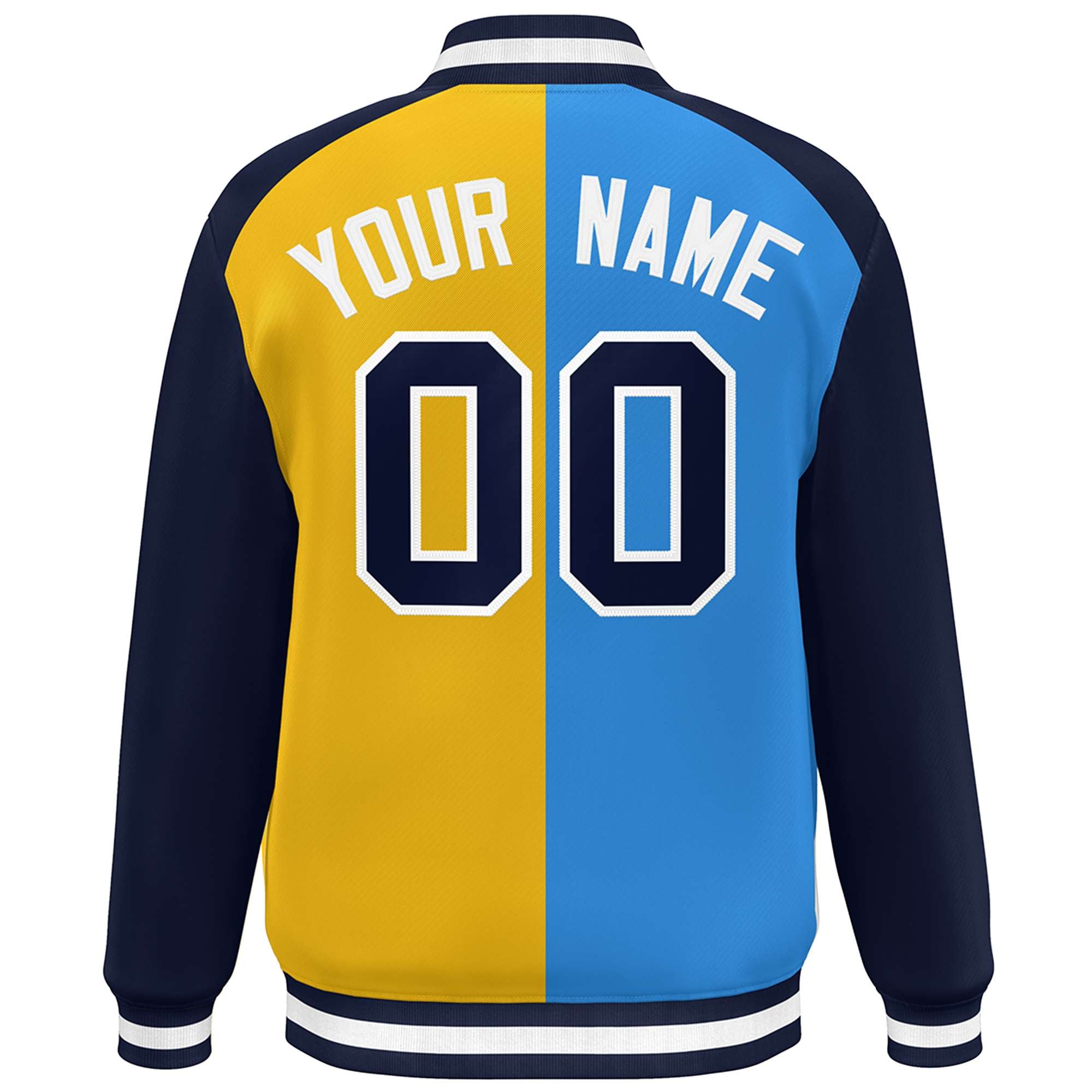 Custom Powder Blue Gold Navy-White Color Block Bomber Varsity Baseball Jacket