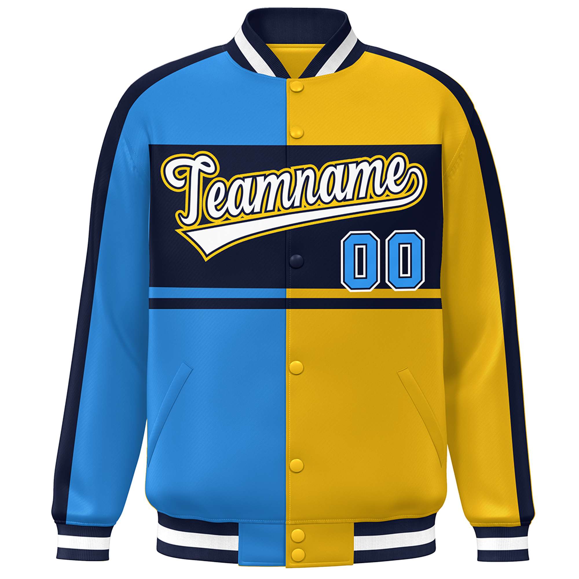 Custom Powder Blue Gold Navy-White Color Block Bomber Varsity Baseball Jacket