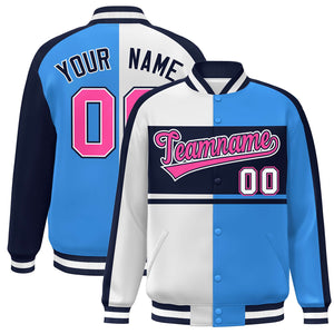 Custom White Powder Blue Navy-Pink Color Block Bomber Varsity Baseball Jacket