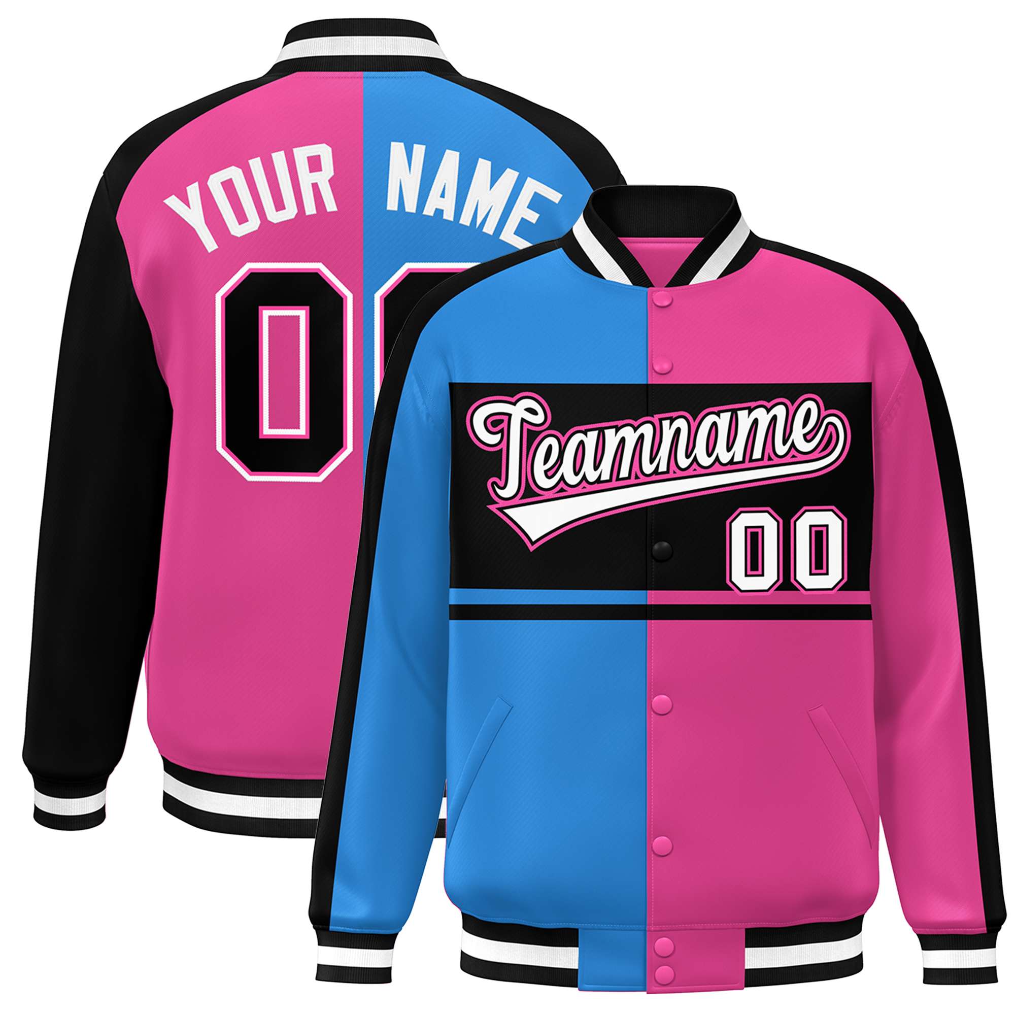 Custom Powder Blue Pink Black-White Color Block Bomber Varsity Baseball Jacket