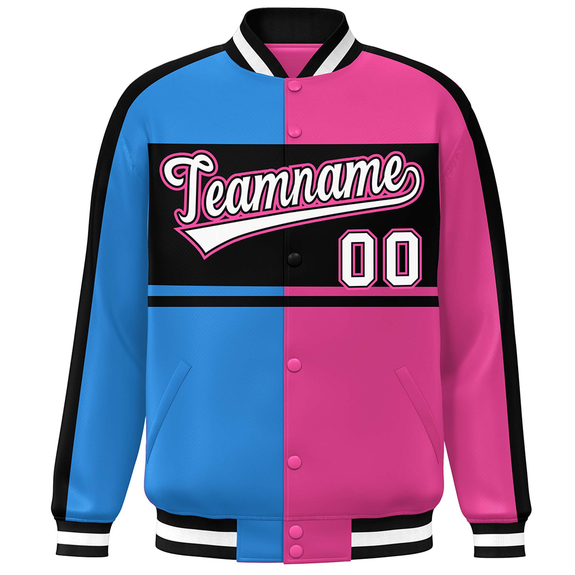 Custom Powder Blue Pink Black-White Color Block Bomber Varsity Baseball Jacket