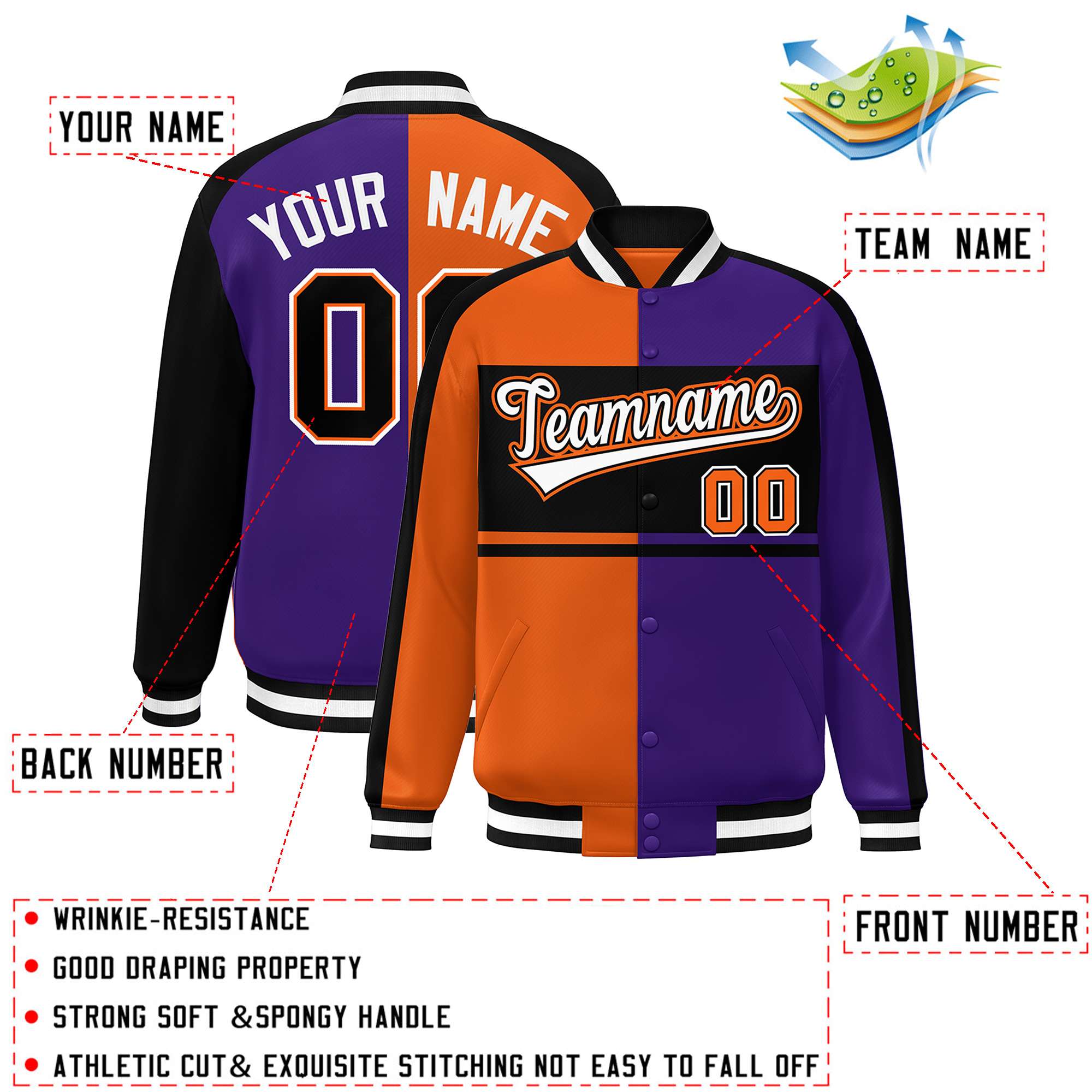 Custom Orange Purple Black-White Color Block Bomber Varsity Baseball Jacket