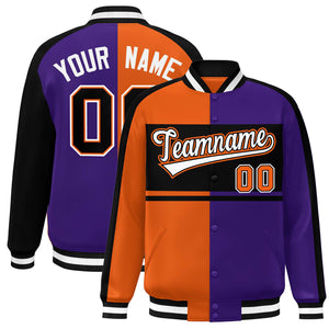 Custom Orange Purple Black-White Color Block Bomber Varsity Baseball Jacket