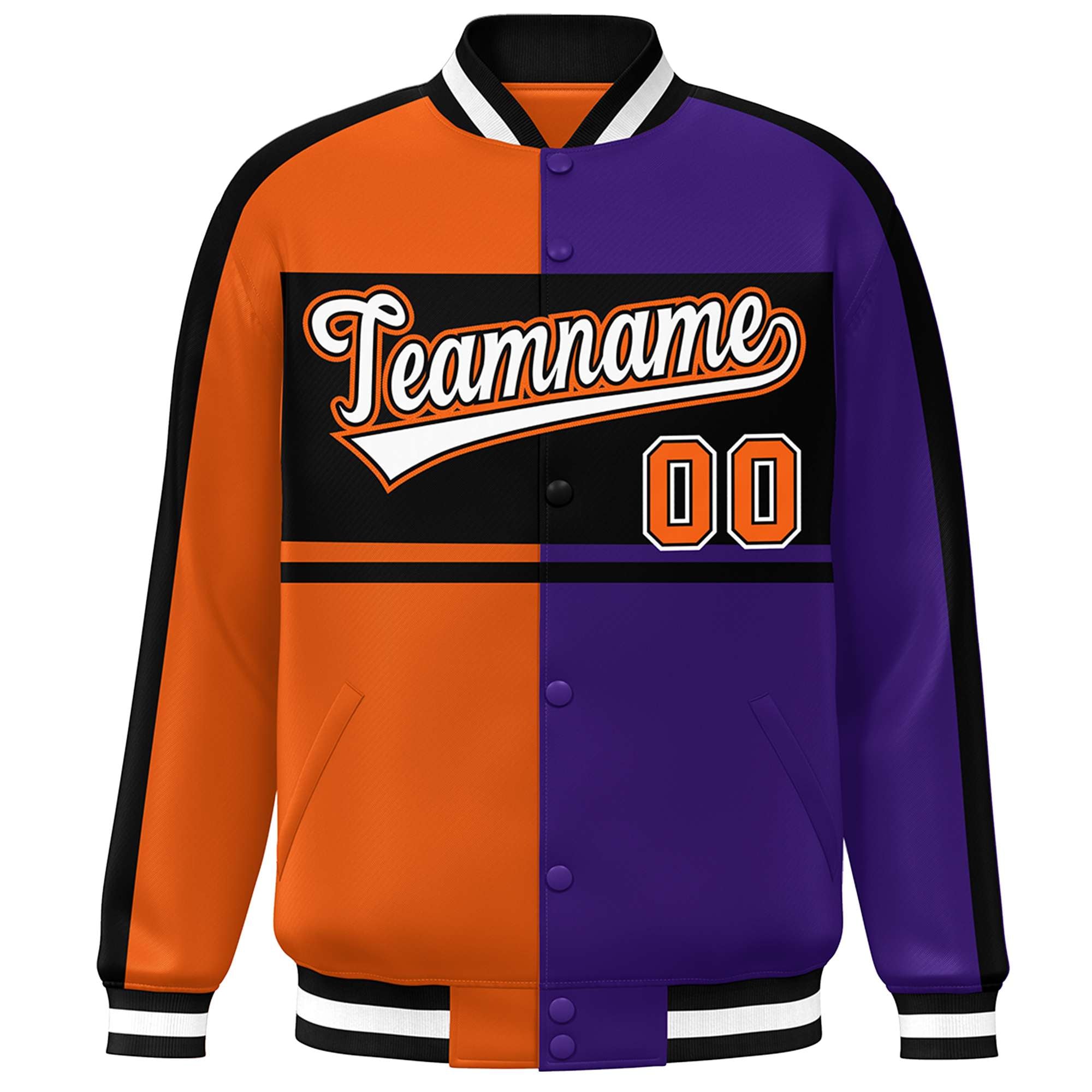 Custom Orange Purple Black-White Color Block Bomber Varsity Baseball Jacket