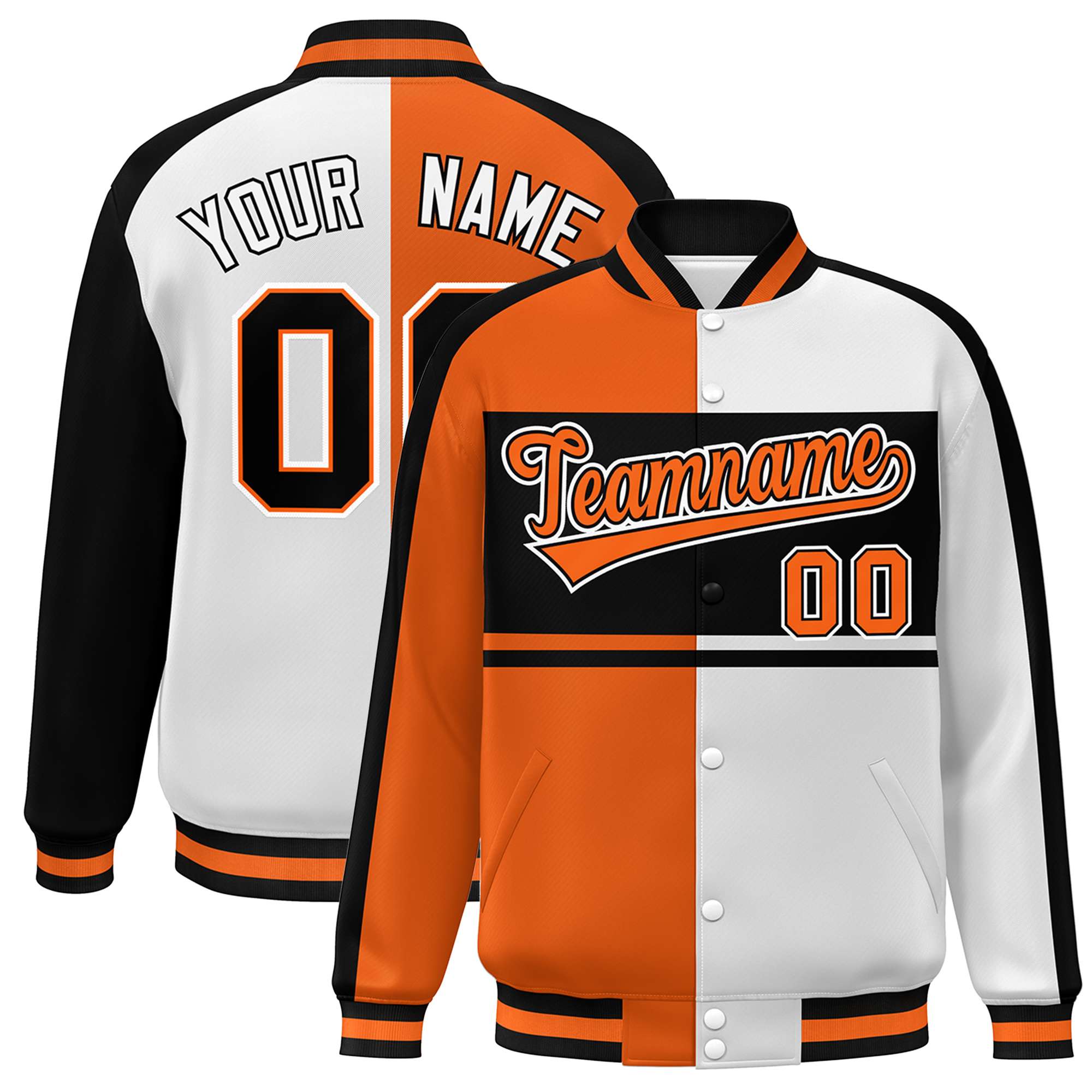 Custom Orange White-Black Color Block Bomber Varsity Baseball Jacket