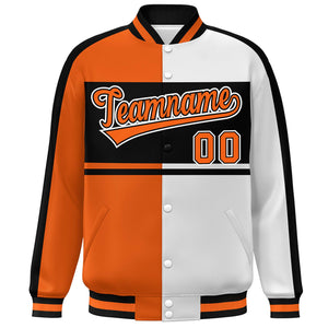 Custom Orange White-Black Color Block Bomber Varsity Baseball Jacket