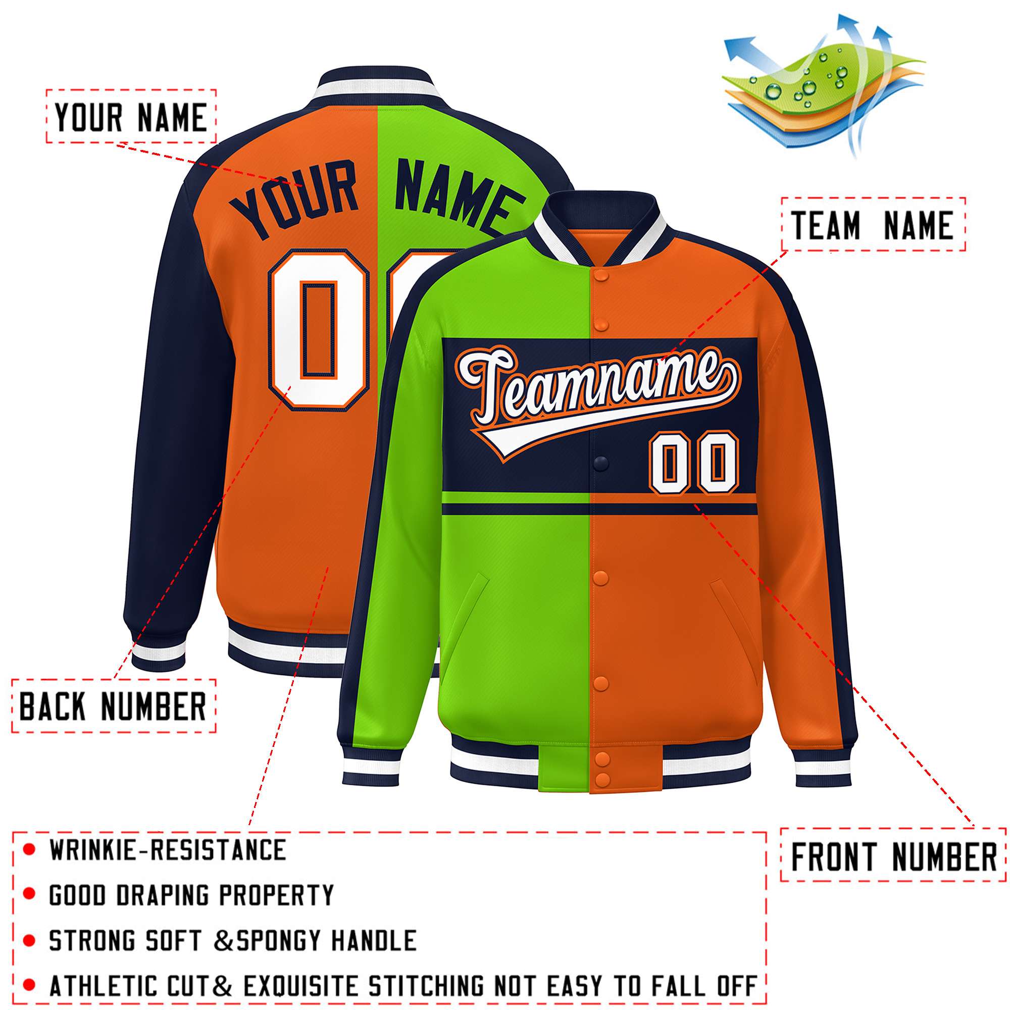 Custom Neon Green Orange Navy-White Color Block Bomber Varsity Baseball Jacket