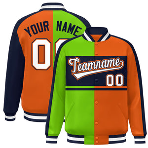 Custom Neon Green Orange Navy-White Color Block Bomber Varsity Baseball Jacket