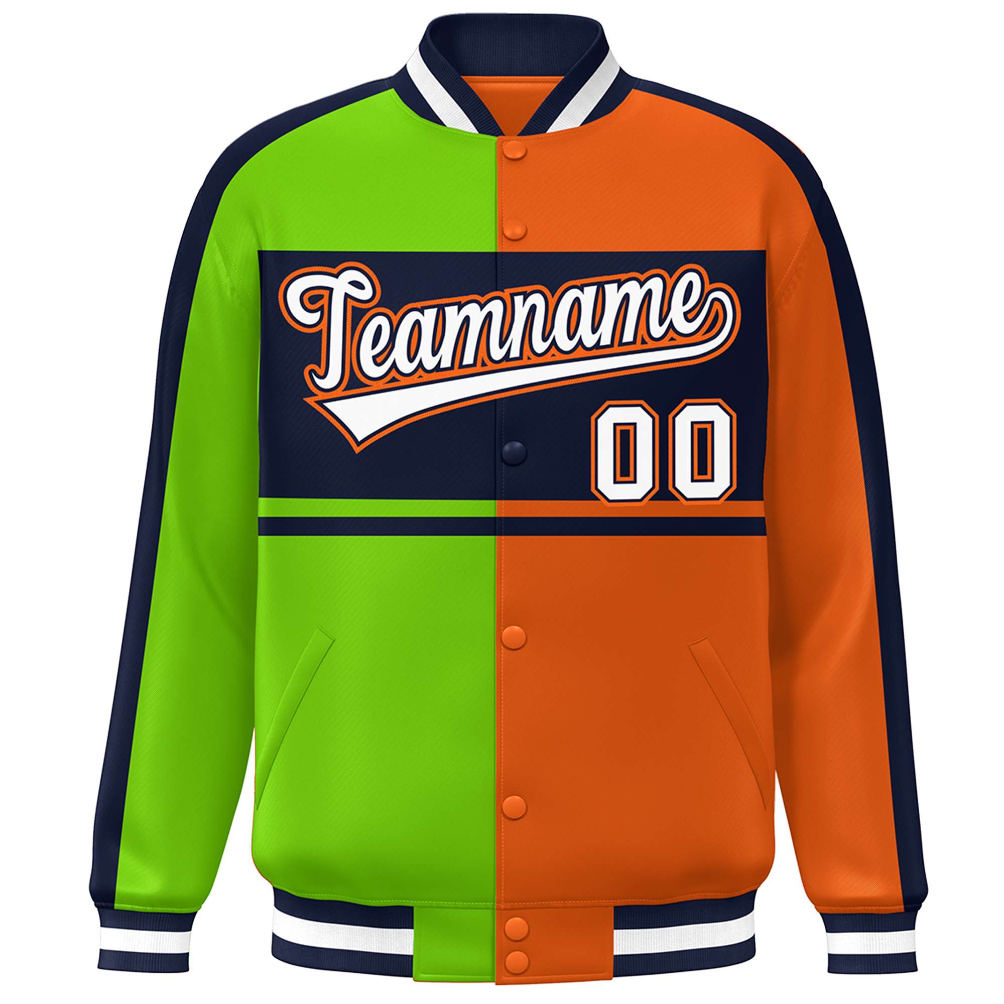 Custom Neon Green Orange Navy-White Color Block Bomber Varsity Baseball Jacket