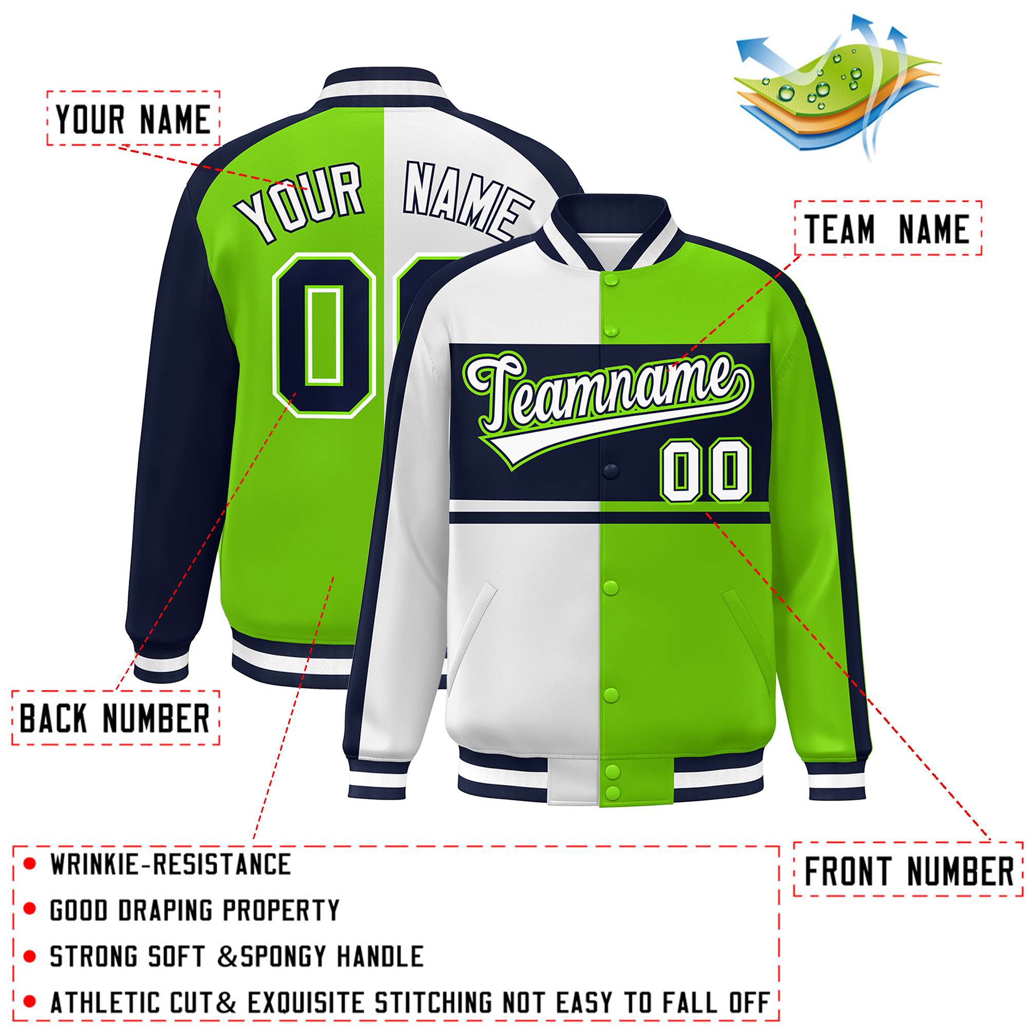 Custom White Neon Green-Navy Color Block Bomber Varsity Baseball Jacket