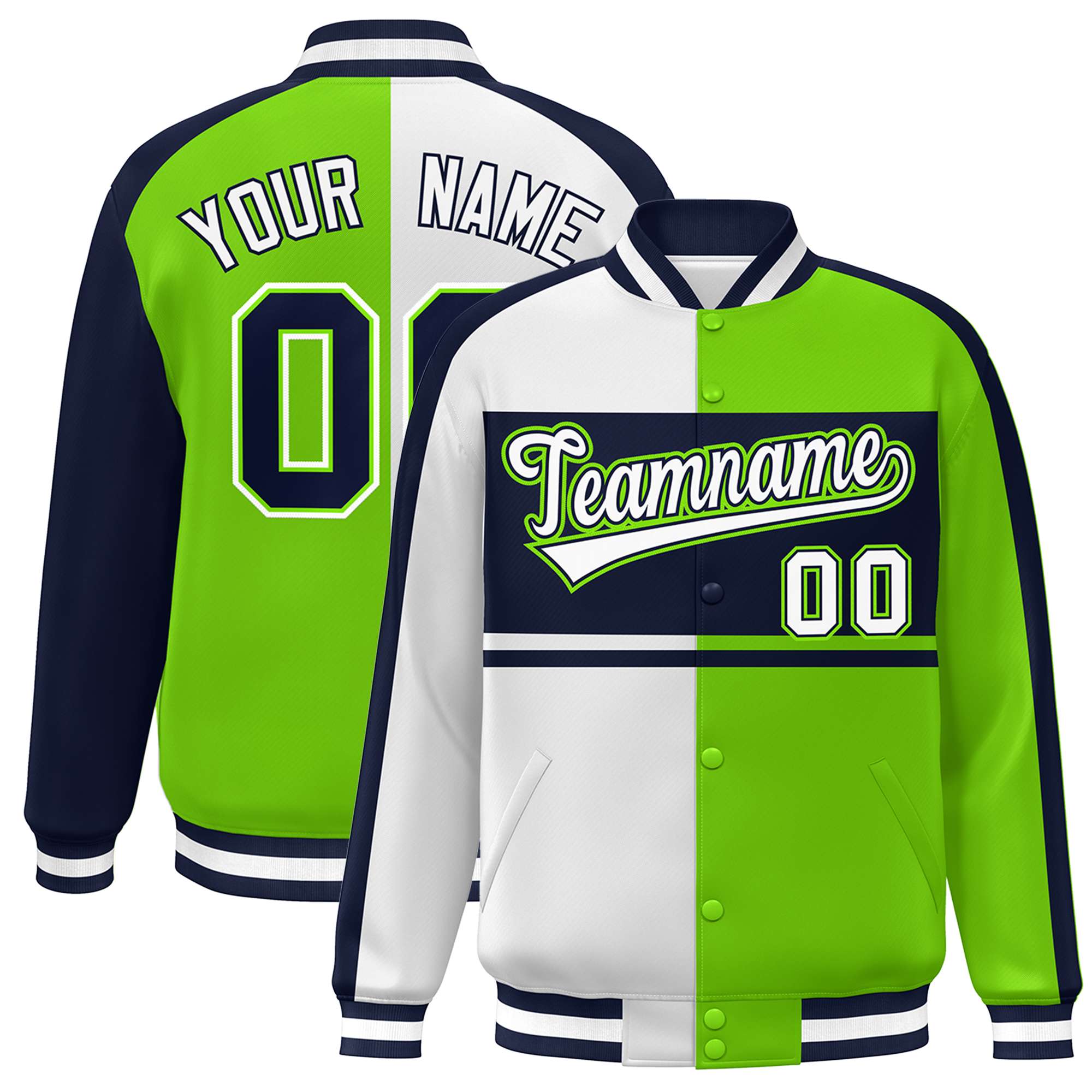 Custom White Neon Green-Navy Color Block Bomber Varsity Baseball Jacket