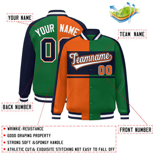 Custom Orange Green Navy-White Color Block Bomber Varsity Baseball Jacket