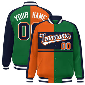 Custom Orange Green Navy-White Color Block Bomber Varsity Baseball Jacket