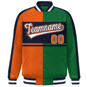 Custom Orange Green Navy-White Color Block Bomber Varsity Baseball Jacket