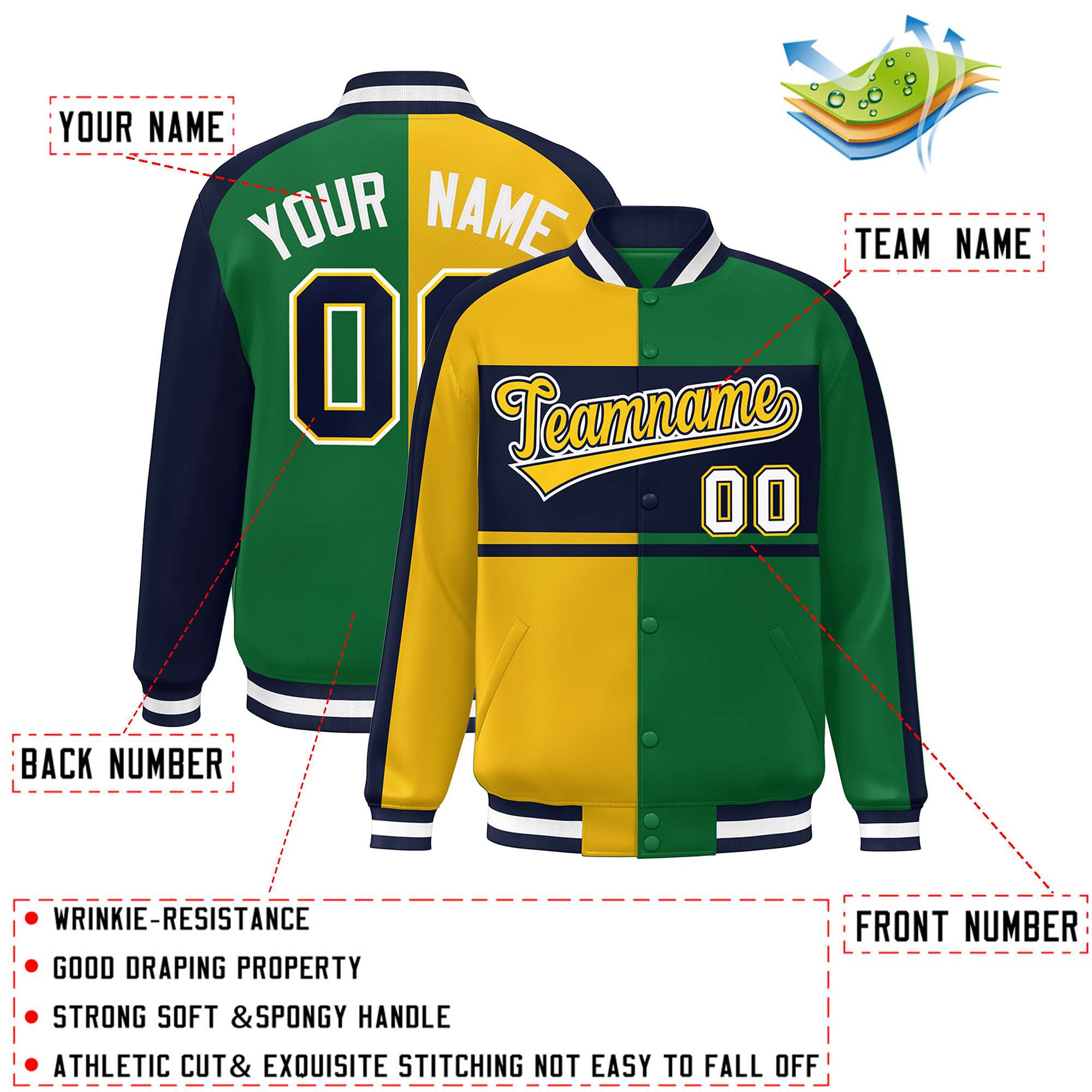 Custom Gold Green Navy-White Color Block Bomber Varsity Baseball Jacket