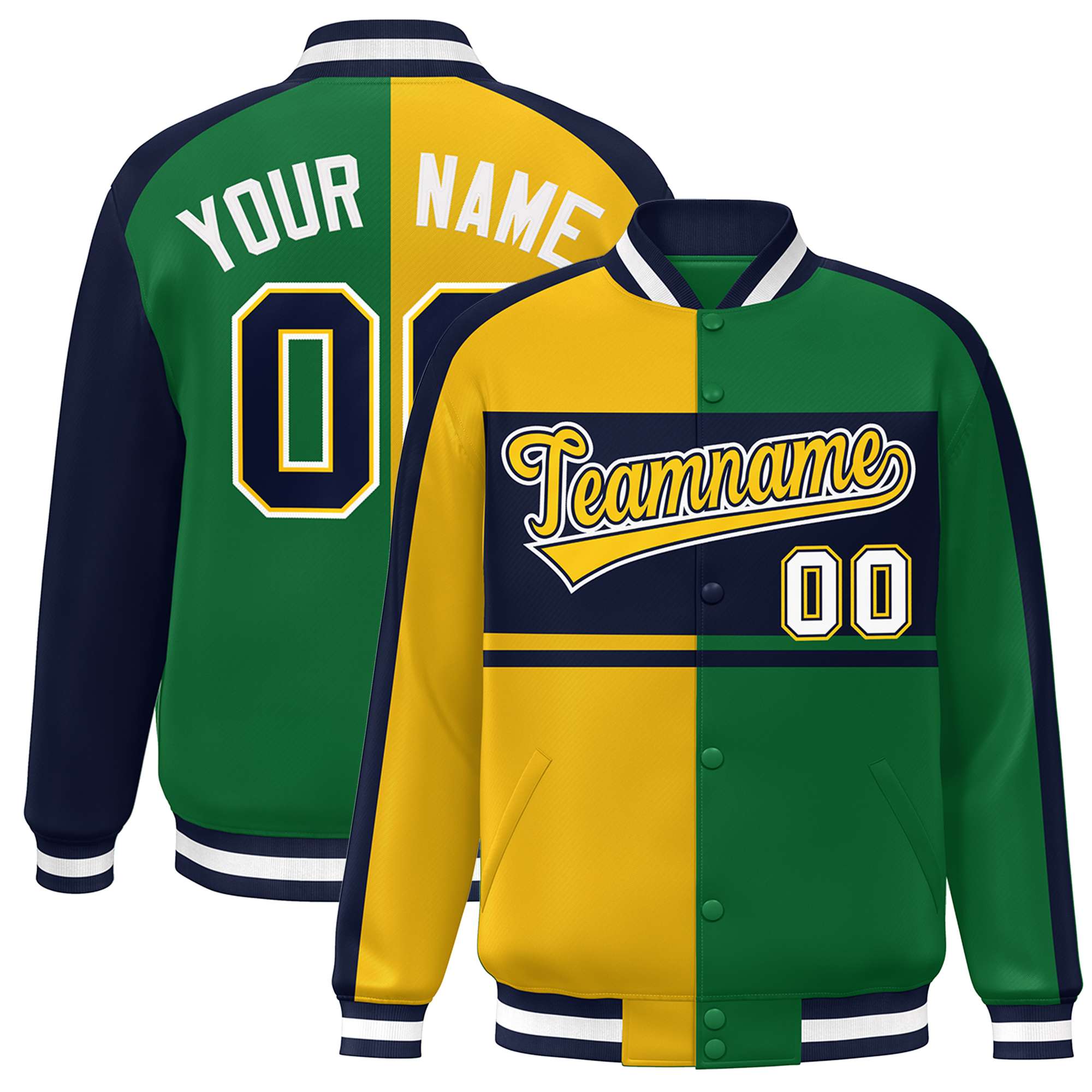 Custom Gold Green Navy-White Color Block Bomber Varsity Baseball Jacket