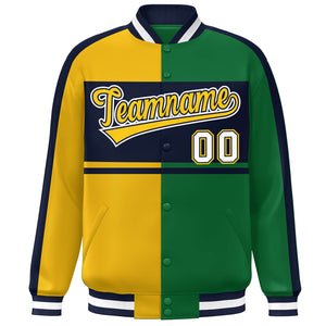 Custom Gold Green Navy-White Color Block Bomber Varsity Baseball Jacket