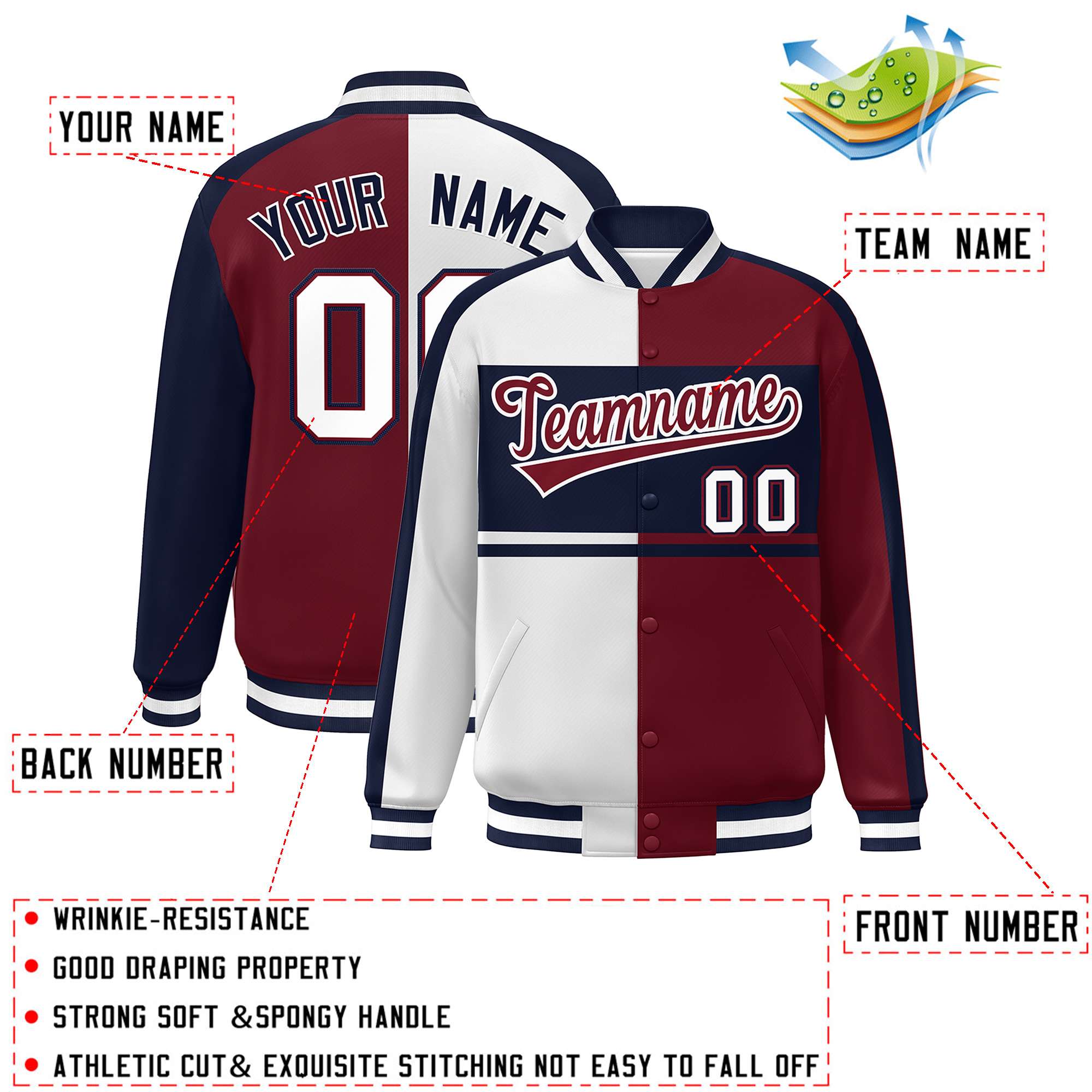 Custom White Crimson-Navy Color Block Bomber Varsity Full-Snap Baseball Jacket