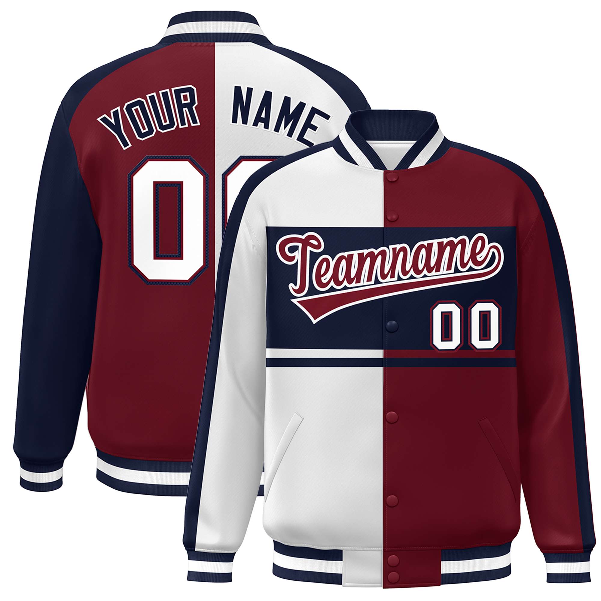 Custom White Crimson-Navy Color Block Bomber Varsity Full-Snap Baseball Jacket