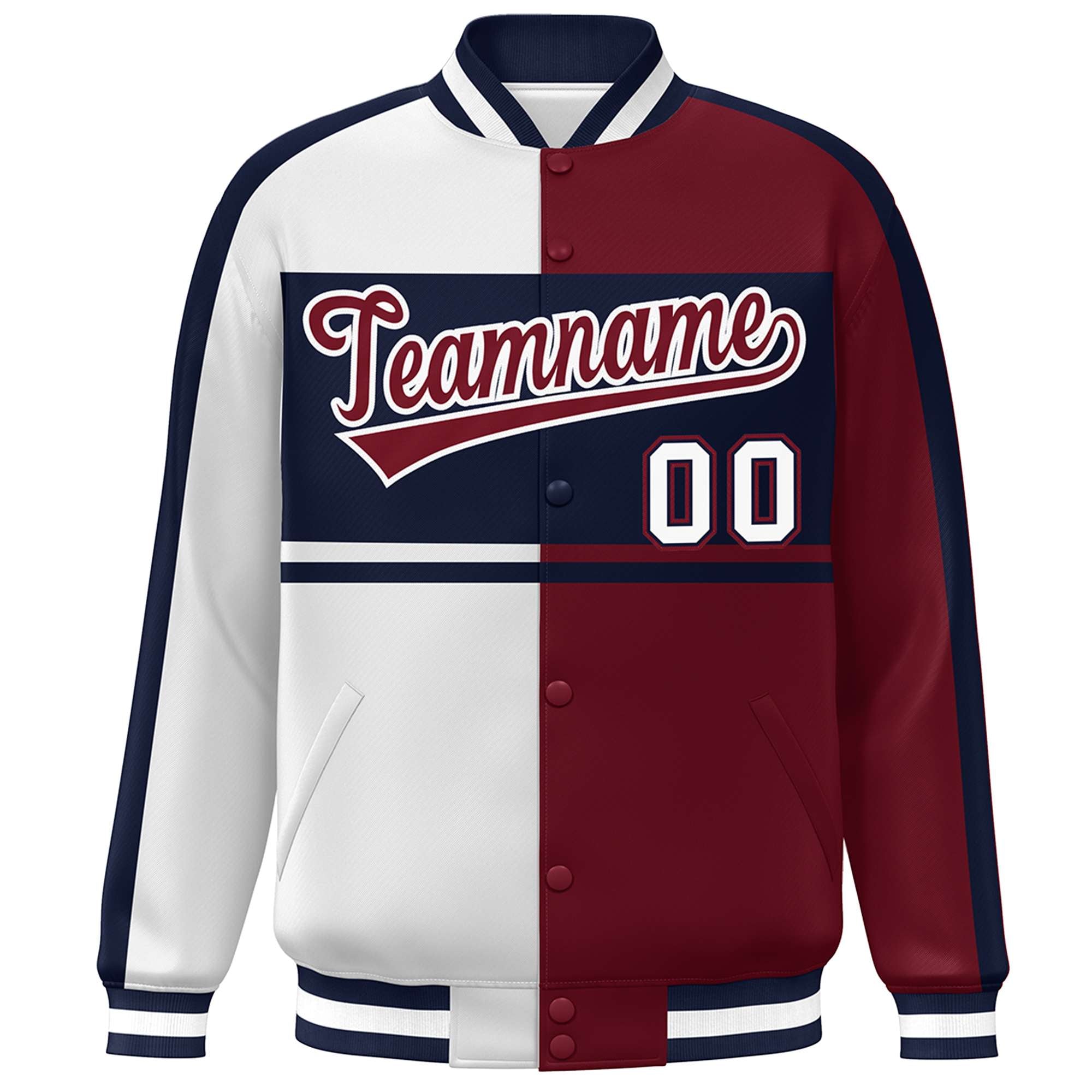 Custom White Crimson-Navy Color Block Bomber Varsity Full-Snap Baseball Jacket