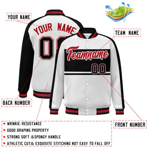 Custom White Black-Red Color Block Bomber Varsity Baseball Jacket