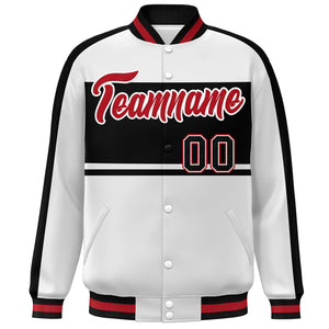 Custom White Black-Red Color Block Bomber Varsity Baseball Jacket