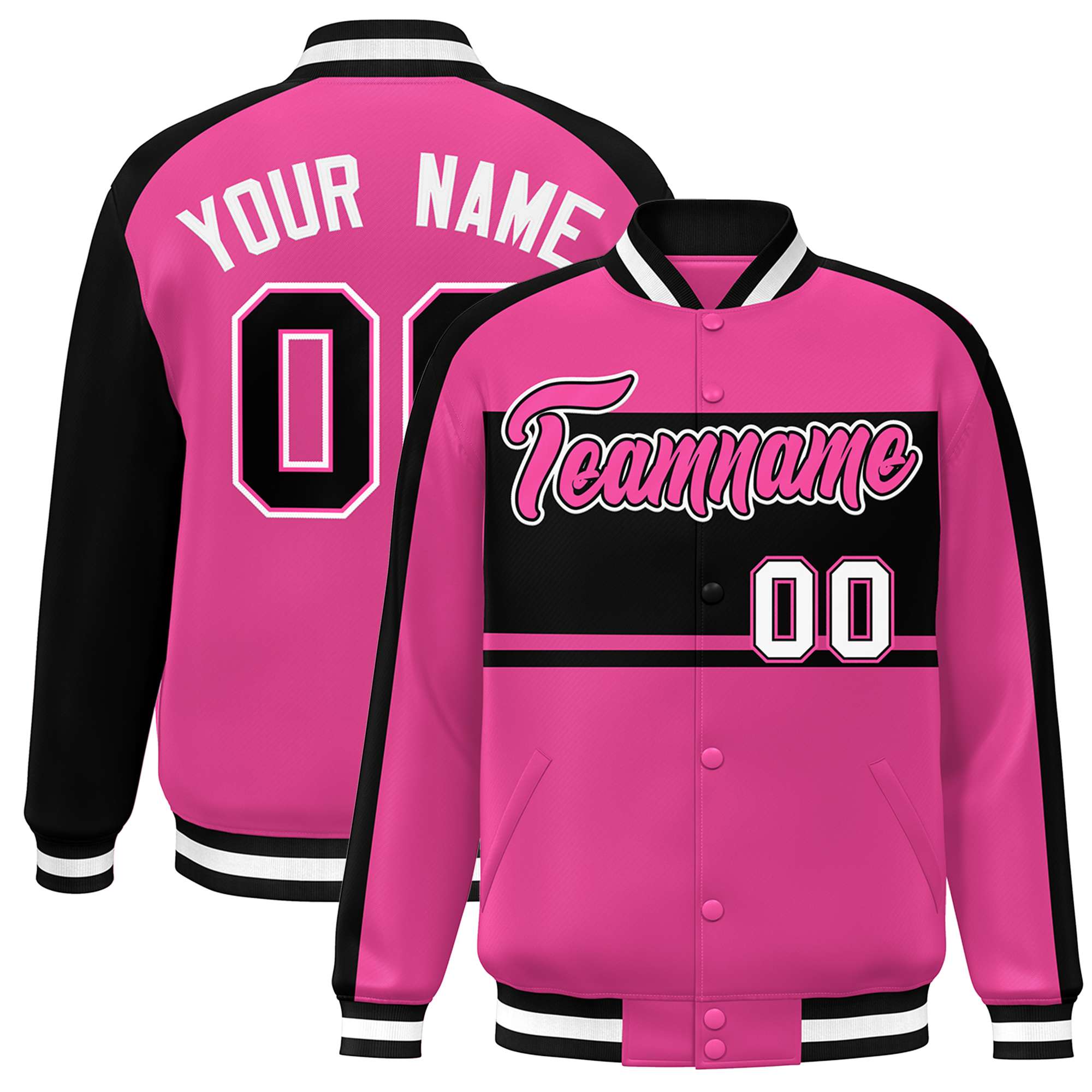 Custom Pink Black-White Color Block Bomber Varsity Baseball Jacket