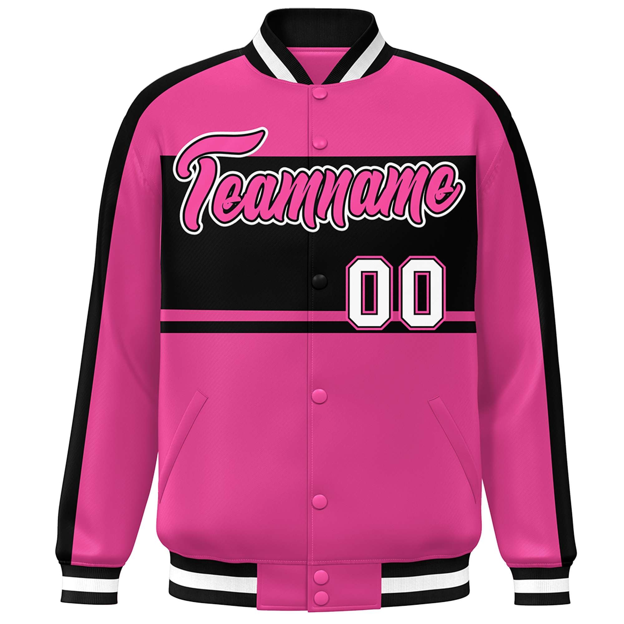 Custom Pink Black-White Color Block Bomber Varsity Baseball Jacket