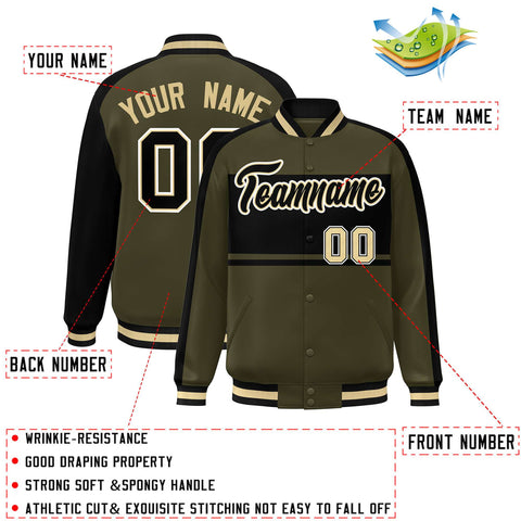 Custom Olive Black-White Color Block Bomber Varsity Baseball Jacket