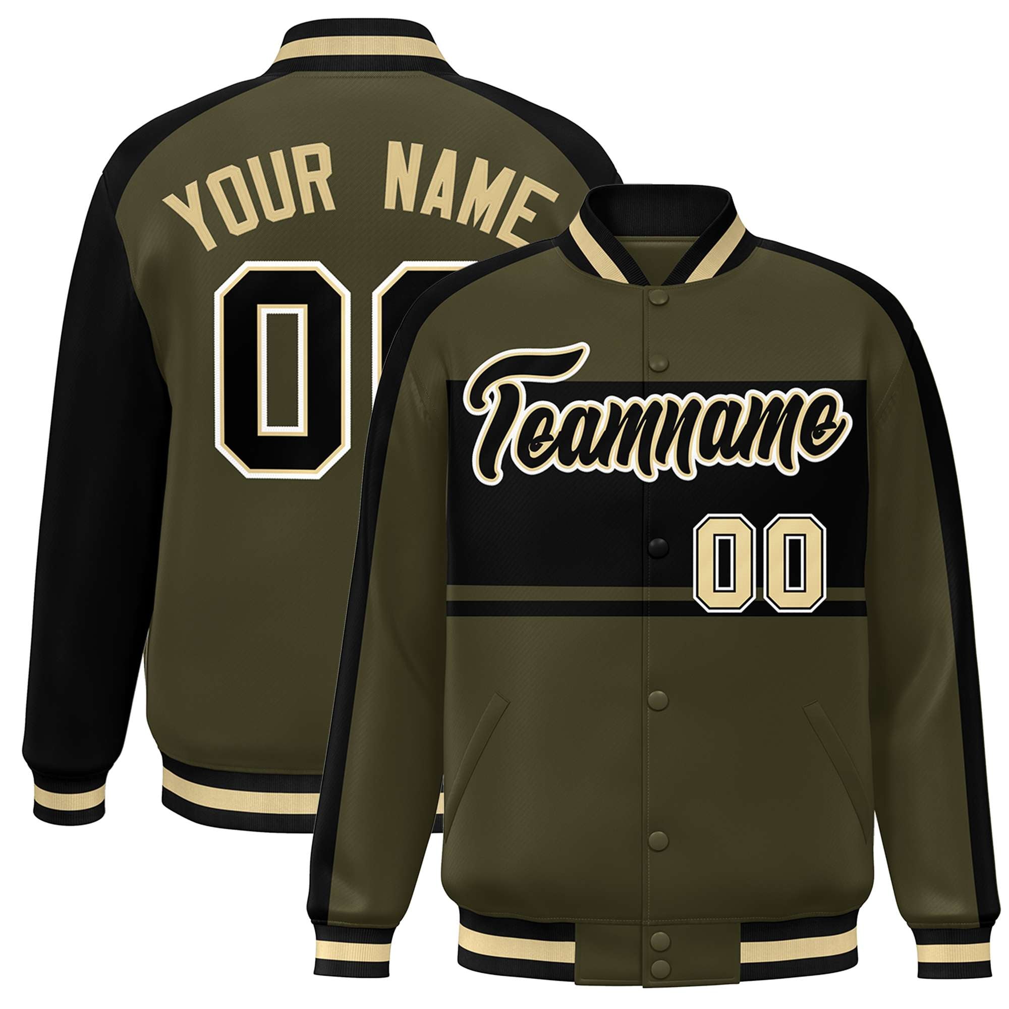 Custom Olive Black-White Color Block Bomber Varsity Baseball Jacket