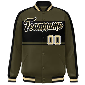 Custom Olive Black-White Color Block Bomber Varsity Baseball Jacket