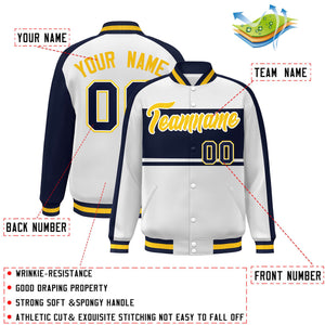 Custom White Navy-Gold Color Block Bomber Varsity Baseball Jacket