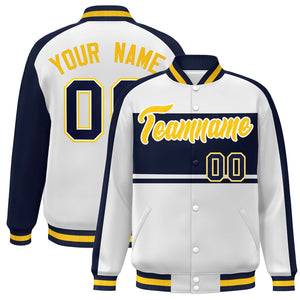 Custom White Navy-Gold Color Block Bomber Varsity Baseball Jacket