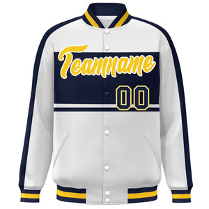 Custom White Navy-Gold Color Block Bomber Varsity Baseball Jacket