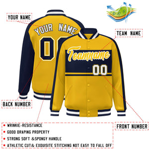 Custom Gold Navy-White Color Block Bomber Varsity Baseball Jacket