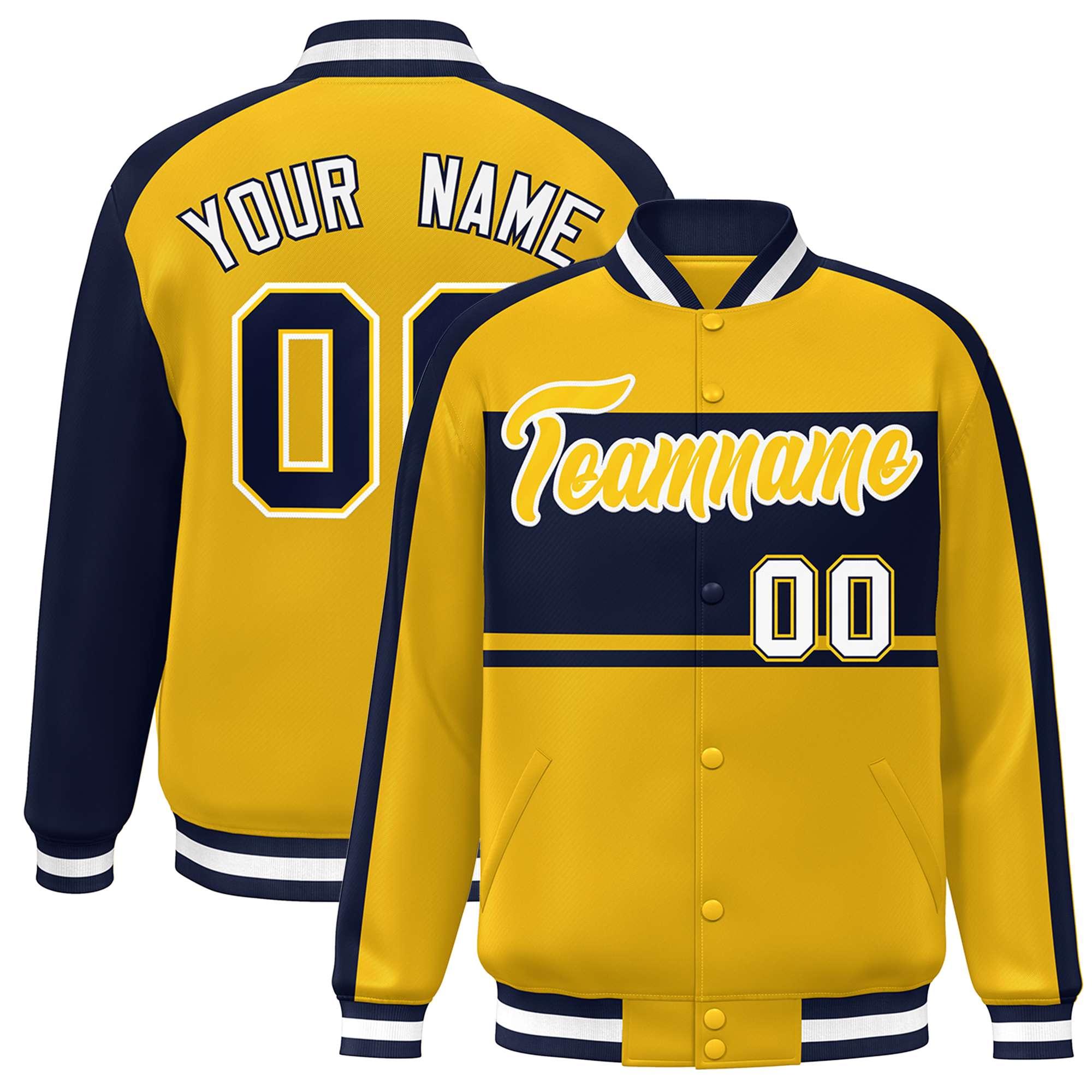 Custom Gold Navy-White Color Block Bomber Varsity Baseball Jacket