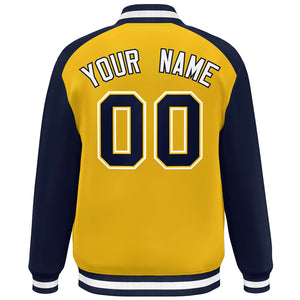 Custom Gold Navy-White Color Block Bomber Varsity Baseball Jacket