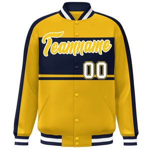 Custom Gold Navy-White Color Block Bomber Varsity Baseball Jacket