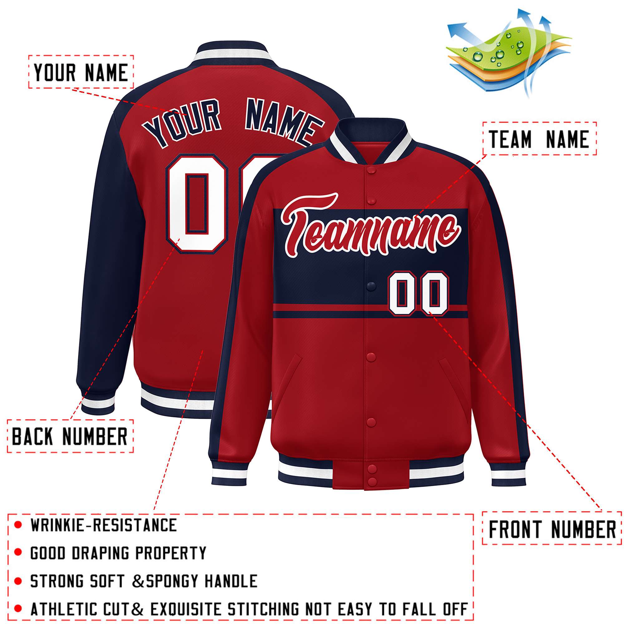 Custom Red Navy-White Color Block Bomber Varsity Baseball Jacket