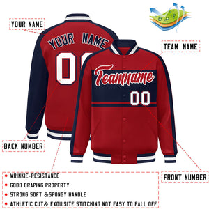 Custom Red Navy-White Color Block Bomber Varsity Baseball Jacket