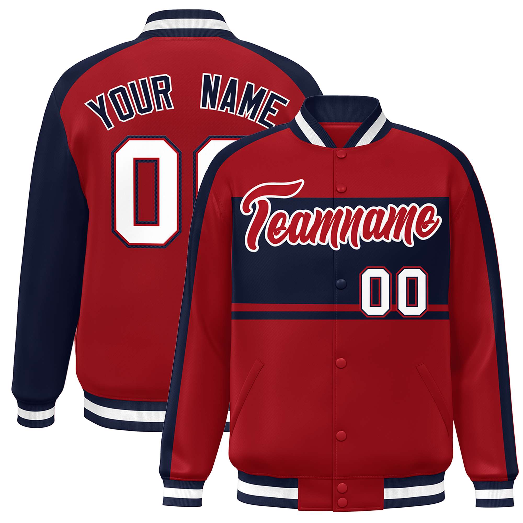 Custom Red Navy-White Color Block Bomber Varsity Baseball Jacket