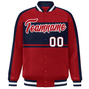 Custom Red Navy-White Color Block Bomber Varsity Baseball Jacket