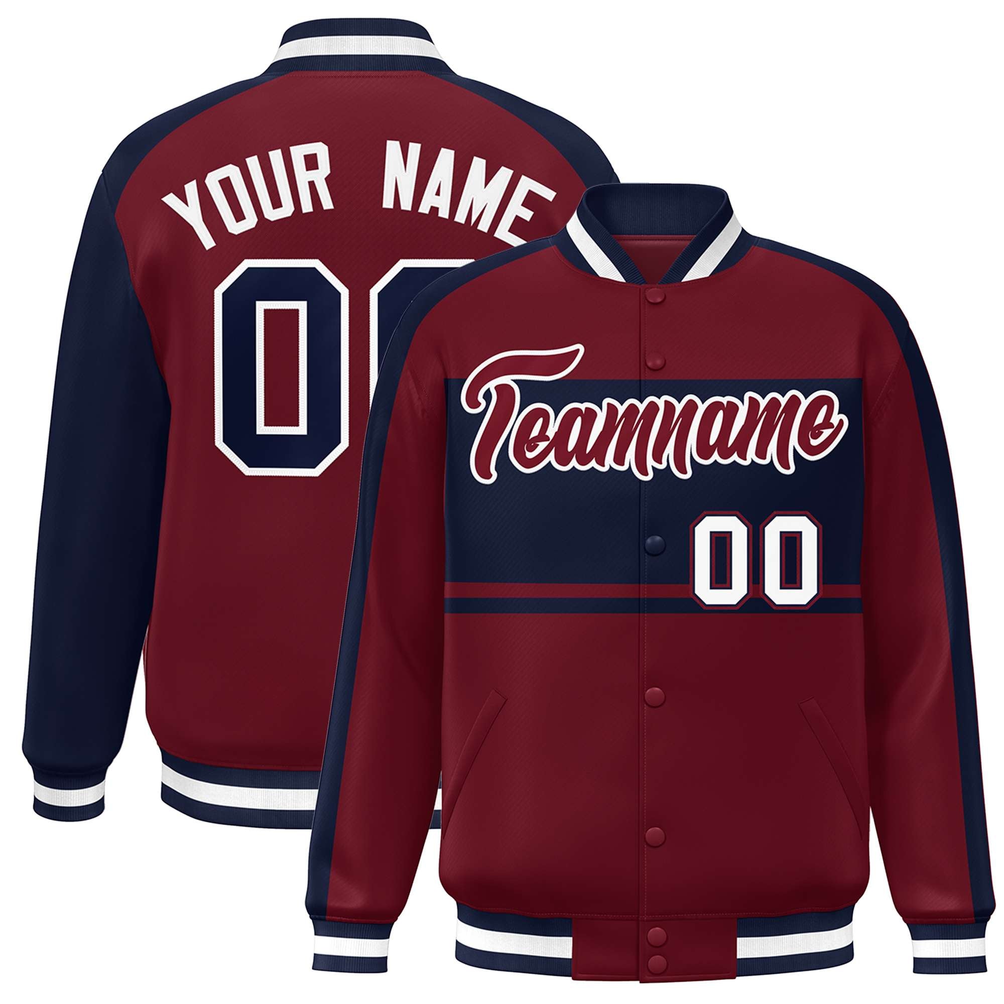 Custom Crimson Navy-White Color Block Bomber Varsity Baseball Jacket