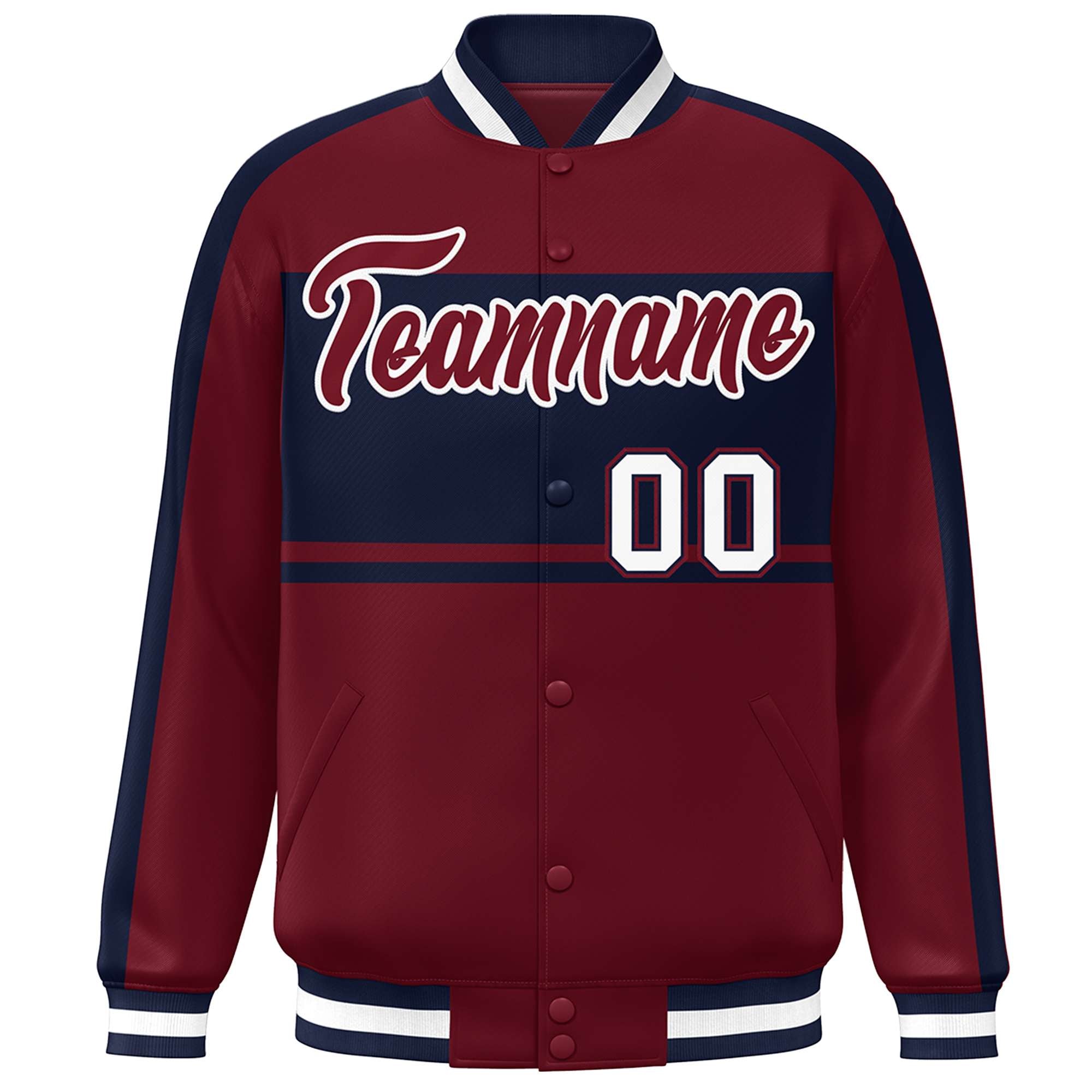 Custom Crimson Navy-White Color Block Bomber Varsity Baseball Jacket