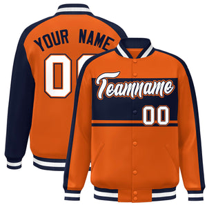 Custom Orange Navy-White Color Block Bomber Varsity Baseball Jacket